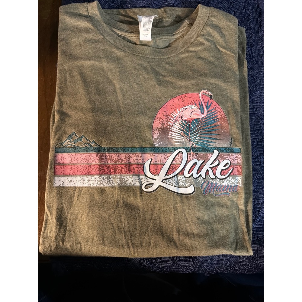 Bella Canvas Lake Mama Flamingo Sunset Graphic Tee Olive Green Large